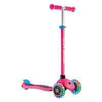 Globber Primo V2 scooter with Lights and Griptape - Fuchsia Pink / Sky Blue